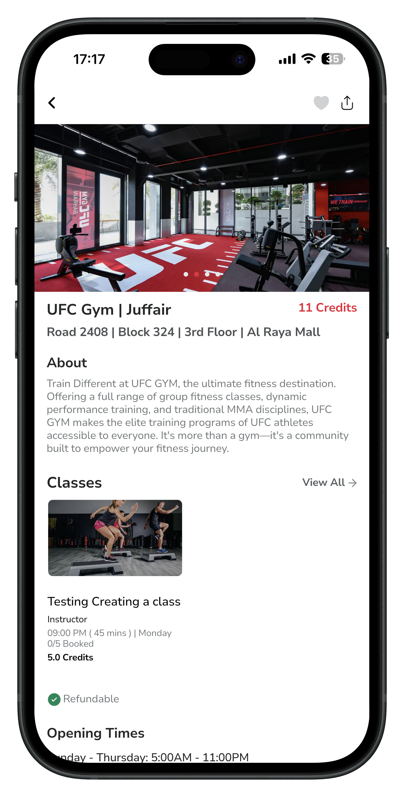 Athlite gym details screen inside the app