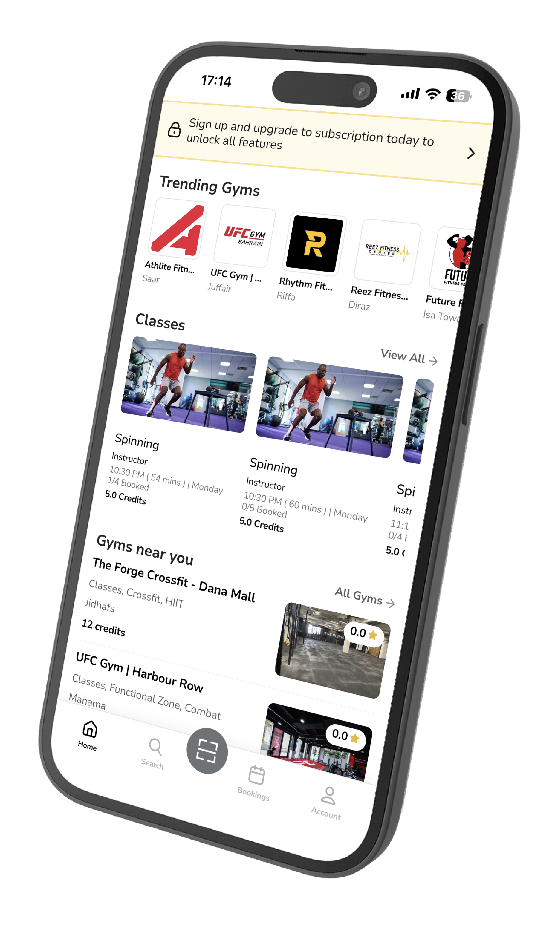 Athlite home screen with classes and partner gyms