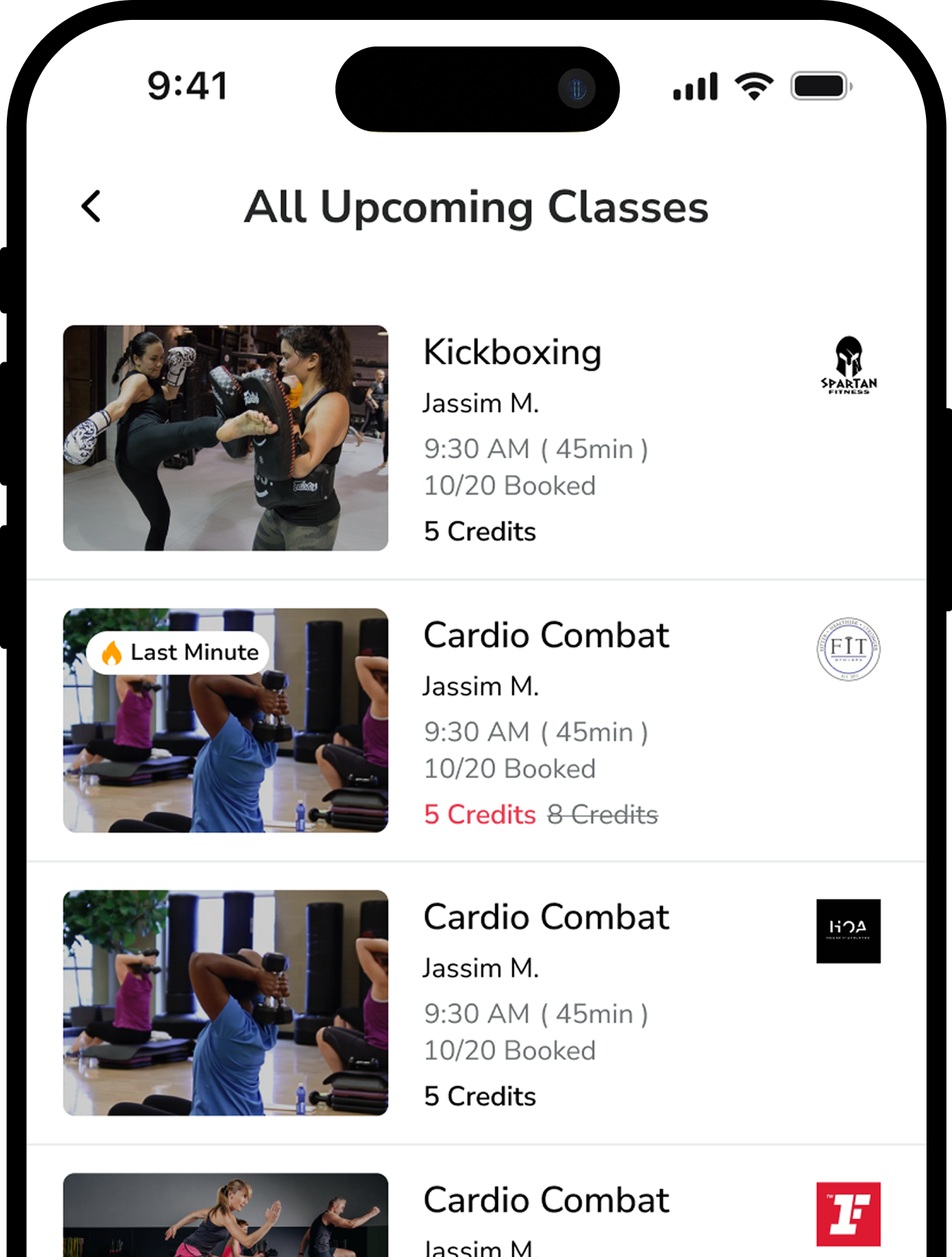 Athlite upcoming classes screen in an iPhone mockup